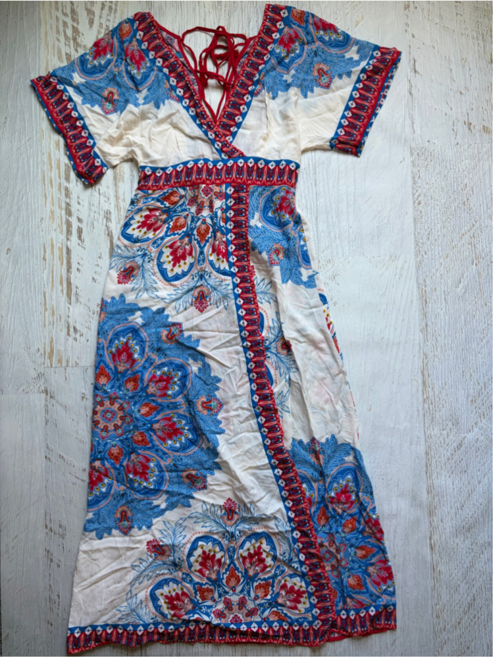 Women's Prinsessa Maxi Dress Size L White Blue Red Paisley Boho